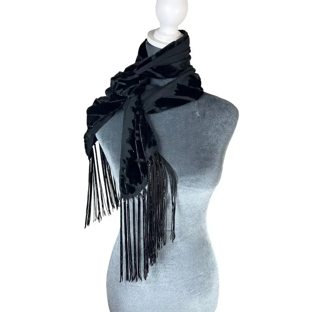 Vtg Shawl -58x 9.5”Crushed Burnout- Black beaded tassel fringe whimsigoth